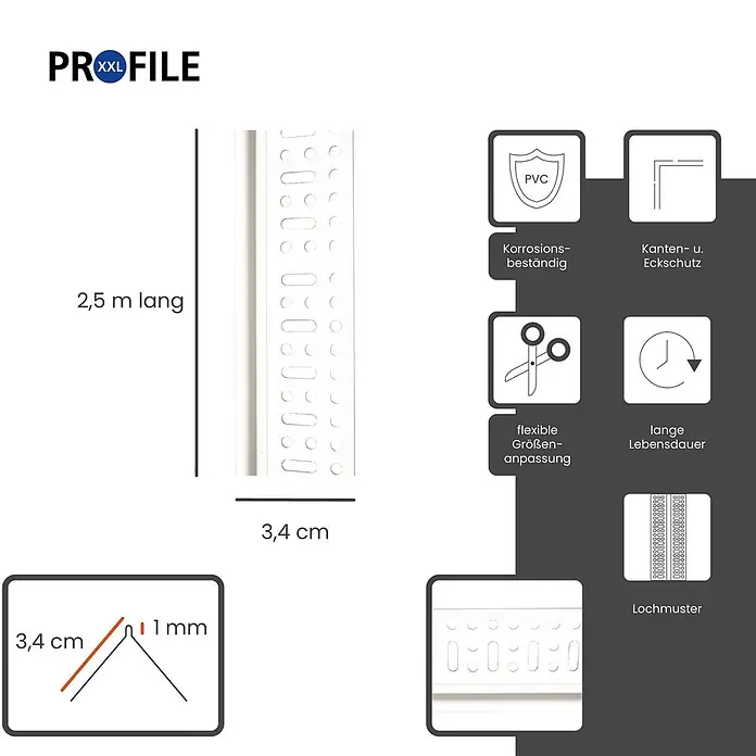 ProfileXXL Kantenschutz für Trockenbau 2,5m Eckschutzprofil 34 x 34mm Kantenschutz Trockenbau PVC Weiß - Weiß - Weißes gelochtes PVC-Profil (2,5m lang, 3,4cm breit, 1mm dick) für flexiblen Kantenschutz und Korrosionsbeständigkeit.