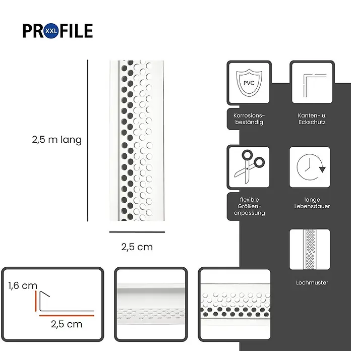 ProfileXXL Kantenschutz für Trockenbau 2,5m Abschlussprofil 25 x 16mm Putzschiene PVC Weiß - Weiß - Weißes PVC-Eckschutzprofil mit Lochmuster, 2,5 m lang, 2,5 x 1,6 cm, korrosionsbeständig.