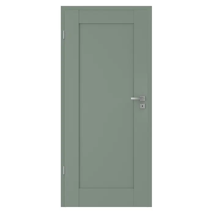 Classen PL Zimmertür Kanion - 985 x 1.985 mm, DIN Anschlag: Links, Uni Grün, MDF-Konstruktion - Schlichte grüne Paneeltür mit modernem silbernem Griff und Schloss.
