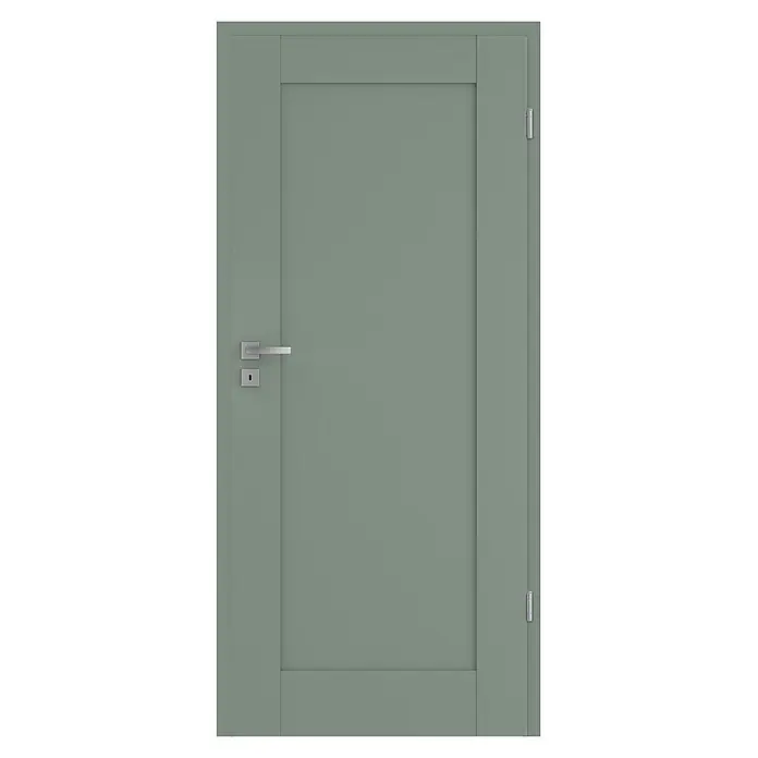 Classen PL Zimmertür Kanion - 985 x 1.985 mm, DIN Anschlag: Rechts, Uni Grün, MDF-Konstruktion - Moderne salbeigrüner Innentür mit silbernem Griff und Schloss.