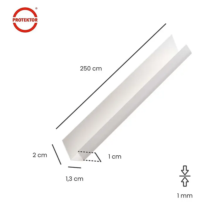 Protektor Kantenschutz für Trockenbau 50x 3741 Einfassprofil 250cm PVC für 12,5mm Gipskarton Weiß - Weiß - Weißes Eckprofil, 250 cm lang, Querschnitt 2 cm x 1,3 cm, 1 mm dick.