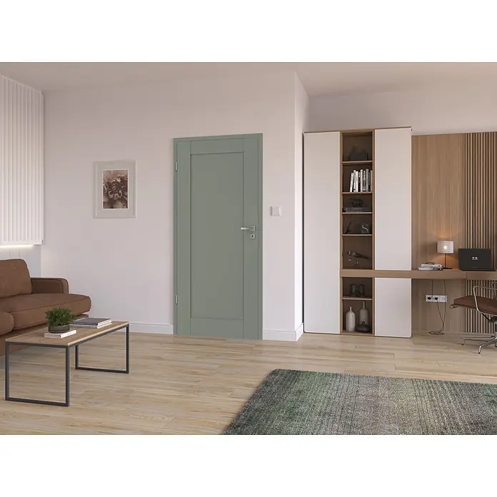 Classen PL Zimmertür Kanion - 985 x 1.985 mm, DIN Anschlag: Links, Uni Grün, MDF-Konstruktion - Grüne Innentür mit Paneelen in einem modernen Wohnzimmer.