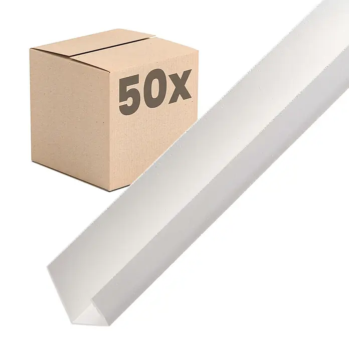 Protektor Kantenschutz für Trockenbau 50x 3741 Einfassprofil 250cm PVC für 12,5mm Gipskarton Weiß - Weiß - Karton mit "50x" Text und weißem L-förmigem Schaumstoff-/Kunststoff-Kantenschutzprofil.