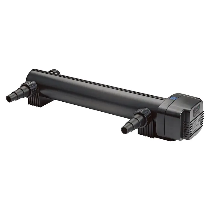 Oase Vitronic Vorklärgerät - Teichgröße: 60 m³, Fördermenge pro Std.: 8.500 l - Schwarzer zylindrischer UV-Klärer mit zwei Schlauchanschlüssen und integrierter Elektroeinheit zur Wasserreinigung.