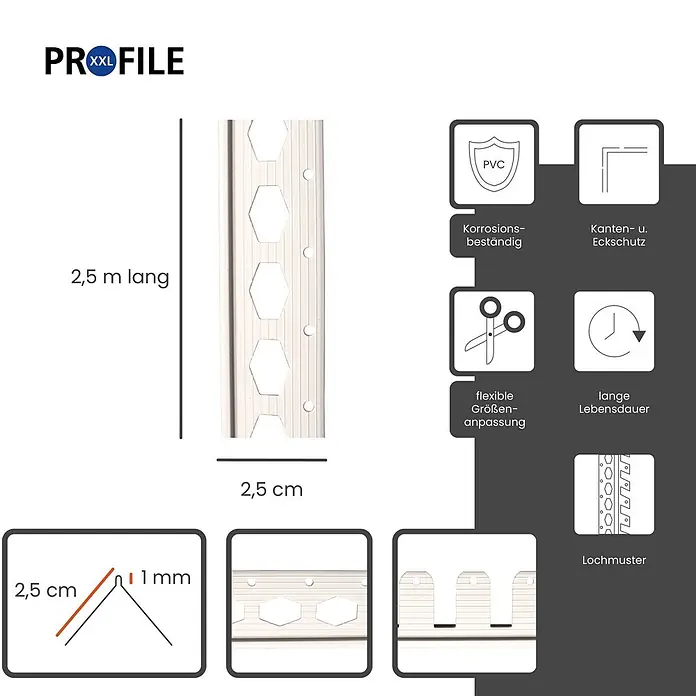 ProfileXXL Kantenschutz für Trockenbau 2,5m Eckschutzprofil flexibel 25 x 25mm Kantenschutz Trockenbau PVC Weiß - Weiß - Weißes PVC-Profil für Kanten- und Eckschutz, 2,5 m lang, 2,5 cm breit, mit Lochmuster.