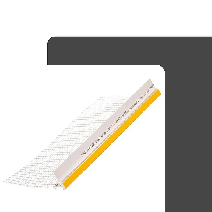 Protektor Kantenschutz für Trockenbau 50x Anputzleiste 260cm x 9mm Schutzlippe mit Gewebe Weiß - Weiß - Weißes PVC-Eckprofil mit Gewebe und gelbem Klebestreifen.