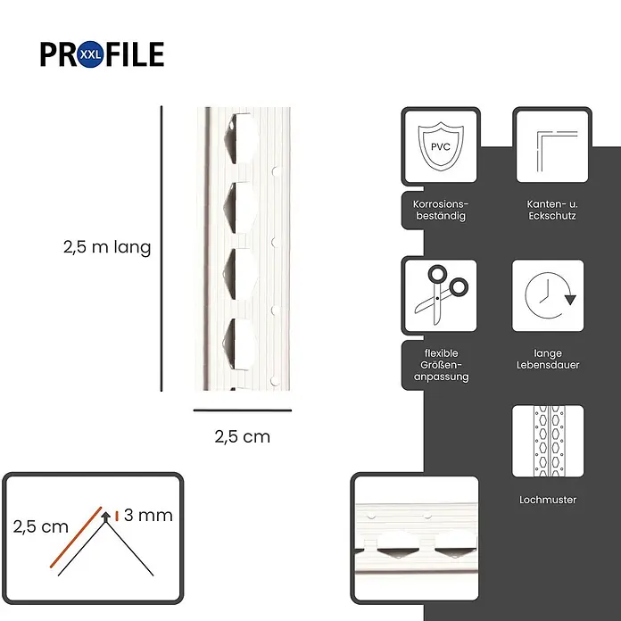 ProfileXXL Kantenschutz für Trockenbau 2,5m Eckschutzprofil 25 x 25mm Kantenschutz Trockenbau PVC Weiß - Weiß - Weißes PVC-Profil, 2,5 m lang, 2,5 cm breit, 3 mm dick, mit Lochmuster für Kantenschutz.