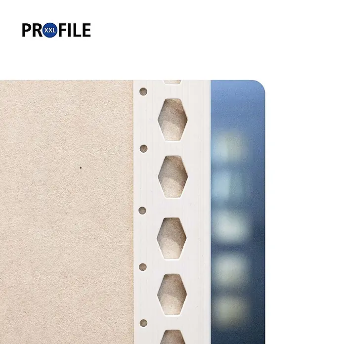 ProfileXXL Kantenschutz für Trockenbau 2,5m Eckschutzprofil 25 x 25mm Kantenschutz Trockenbau PVC Weiß - Weiß - Hellbrauner Papier-Ordnerteiler mit weißem Lochstreifen, runden und sechseckigen Löchern.