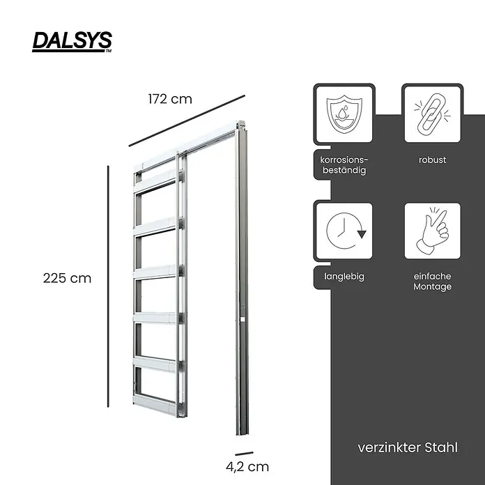 Dalsys Montagezubehör für Trockenbau Schiebetürsystem CW 75 Einbauelement Silber -  - Schiebetürrahmen aus verzinktem Stahl, 172 cm breit, 225 cm hoch, 4,2 cm tief. Korrosionsbeständig, robust, langlebig und einfache Montage.