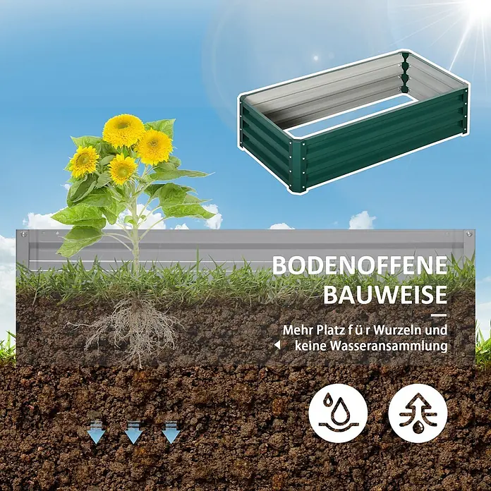 Furnicato Hochbeet - 120 x 60 x 30,5 cm, Stahl, Grün - Grünes Metall-Hochbeet mit bodenoffener Bauweise, gezeigt mit Erde und Sonnenblume für optimales Wurzelwachstum und Drainage.