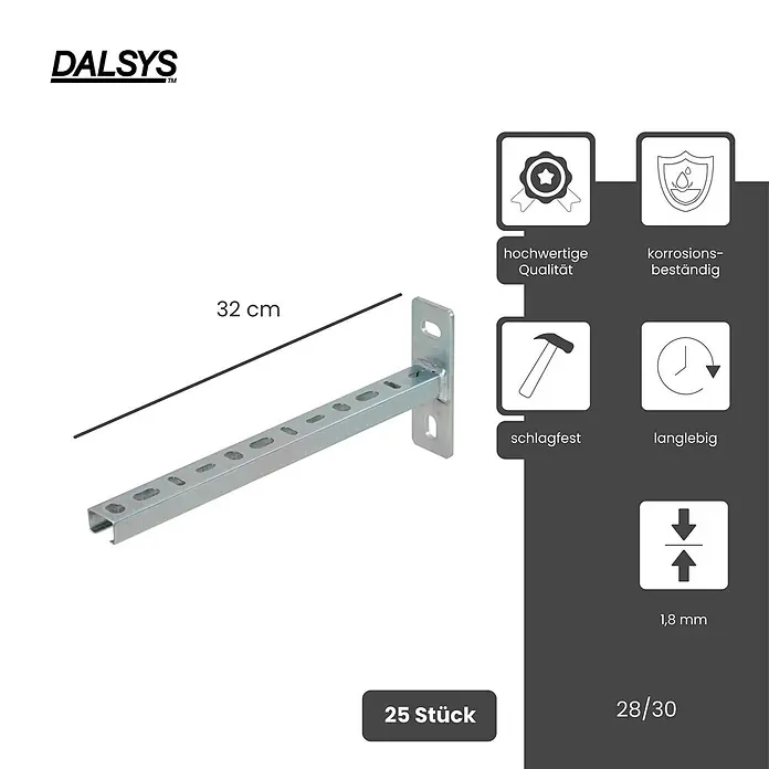 Dalsys Montagezubehör für Trockenbau 25x Schienenkonsole 28/30, 32cm Silber -  - Ein 32 cm langer verzinkter Metallhalter mit mehreren Schlitzen zur Montage.
