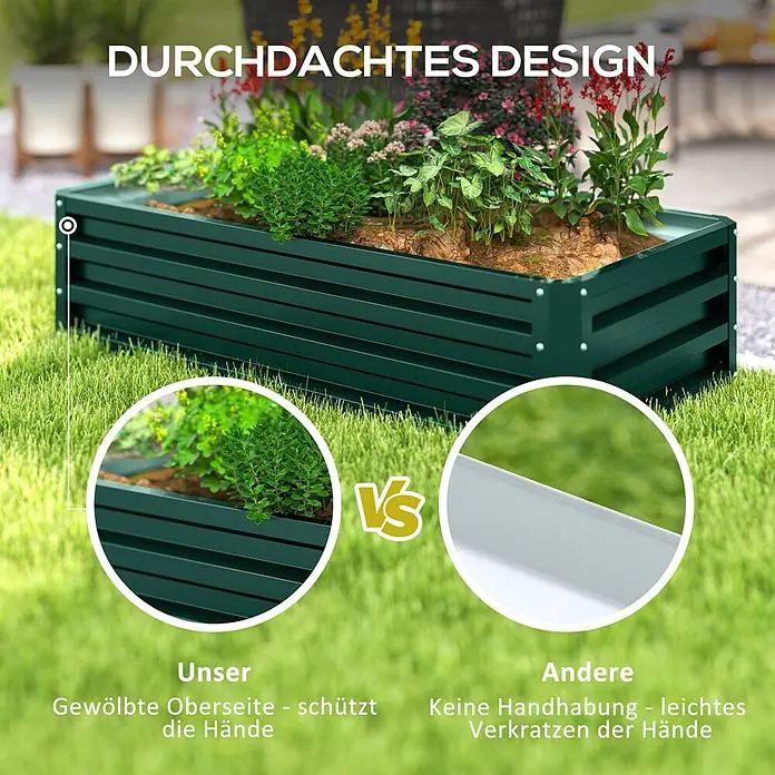 Furnicato Hochbeet - 120 x 60 x 30,5 cm, Stahl, Grün - Dunkelgrünes Hochbeet im Garten, das seine durchdachte, handschützende abgerundete Kante im Vergleich zu einer scharfen Kante hervorhebt.
