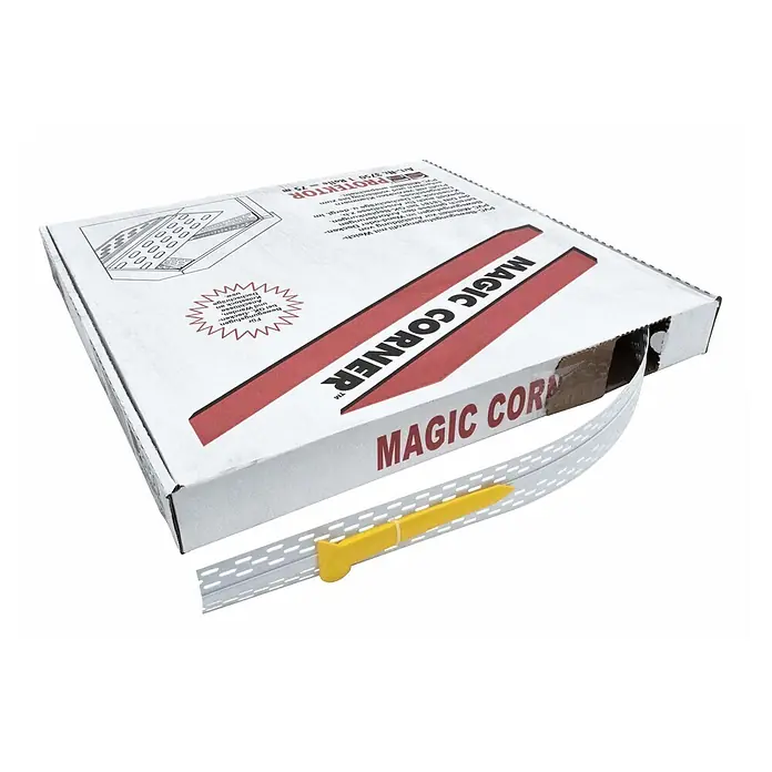 Protektor Montagezubehör für Trockenbau 25m Bewegungsfugenprofil Magic Corner Profil Weiß -  - Weißes, perforiertes PVC-Bewegungsfugenprofil, aus der Box gerollt, mit gelbem Montagewerkzeug.