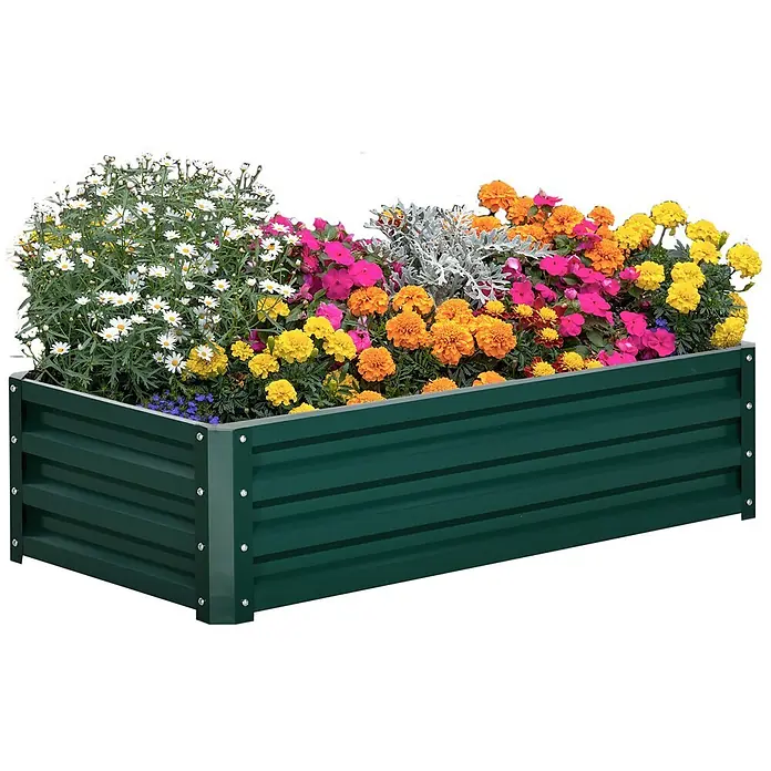 Outsunny Hochbeet - 120 x 60 x 30,5 cm, Stahl, Dunkelgrün - Dunkelgrünes Hochbeet aus Wellblech, gefüllt mit bunten Blumen.