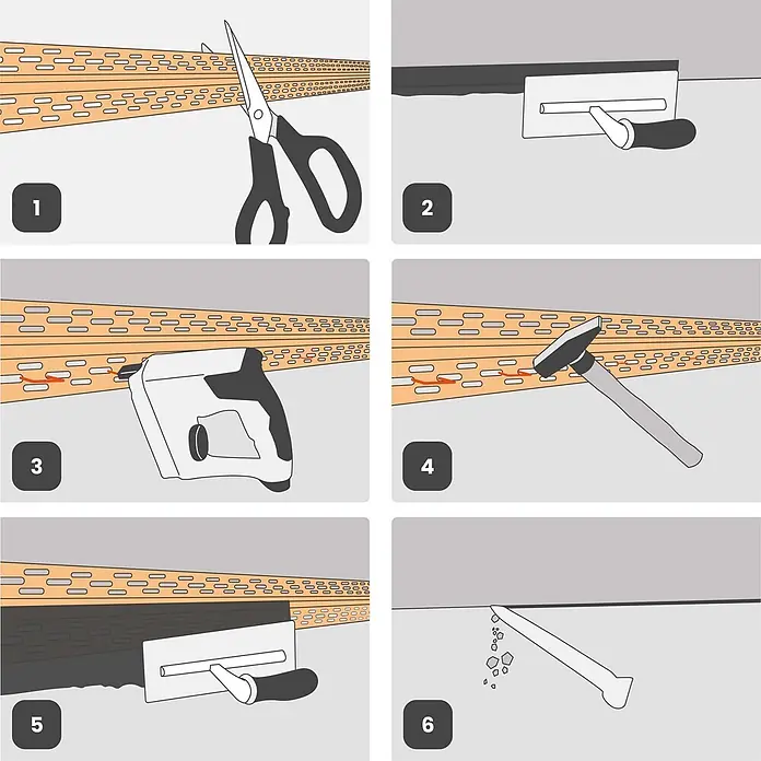 Protektor Montagezubehör für Trockenbau 25m Bewegungsfugenprofil Magic Corner Profil Weiß -  - Installationsanleitung für ein orangefarbenes Putzprofil: zuschneiden, an Wand befestigen, verputzen.