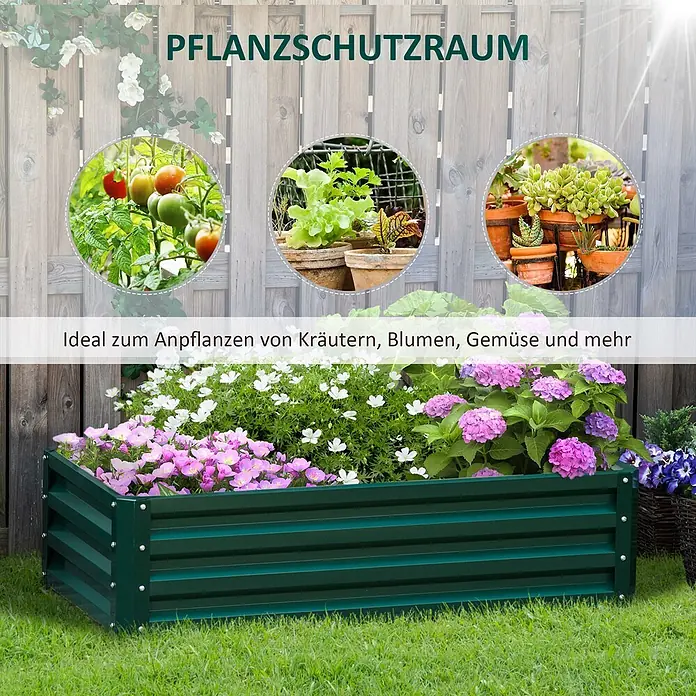 Furnicato Hochbeet - 120 x 60 x 30,5 cm, Stahl, Grün - Grünes Hochbeet aus Wellblech mit bunten Blumen in einem Garten, ideal für Kräuter, Blumen und Gemüse.