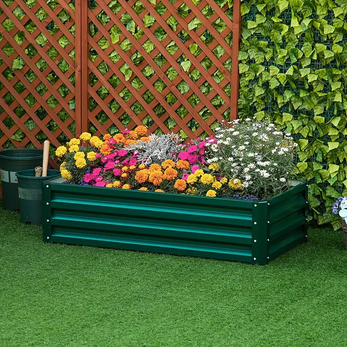 Furnicato Hochbeet - 120 x 60 x 30,5 cm, Stahl, Grün - Grünes, gewelltes Hochbeet aus Metall, gefüllt mit lebhaften Blumen.