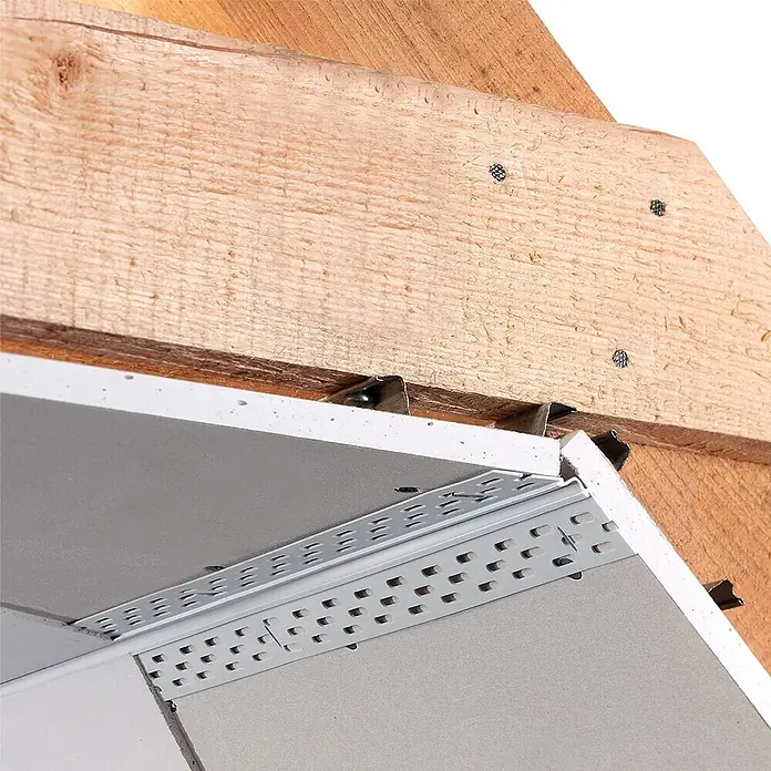 Protektor Montagezubehör für Trockenbau 25m Bewegungsfugenprofil Magic Corner Profil Weiß -  - Silberne Metallklammern und Lochprofile befestigen Gipskartonplatten an einem Holzbalken zur Decken-/Wandmontage.