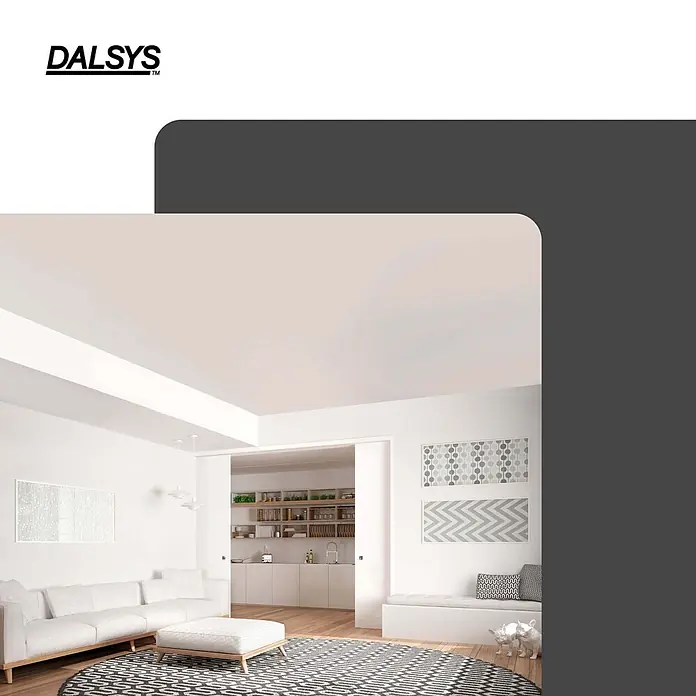 Dalsys Montagezubehör für Trockenbau 120cm Schiebetür CW 75 Erweiterungssatz Sonderhöhen Silber -  - Schwarzes DALSYS-Logo mit Unterstrich und TM-Symbol über einem modernen, hellen Wohnzimmer und einer Küche.