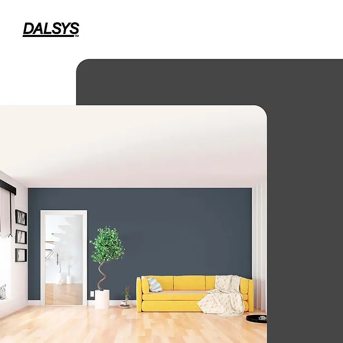 Dalsys Montagezubehör für Trockenbau 120cm Schiebetür CW 75 Erweiterungssatz Sonderhöhen Silber -  - DALSYS Markenlogo und ein modernes Interieur mit einem gelben Sofa und dunkelblauen Wänden.