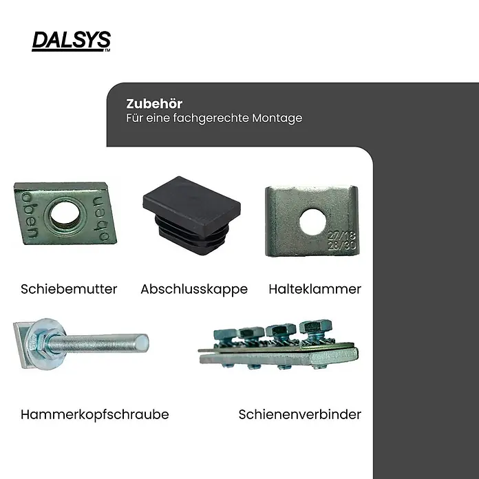 Dalsys Montagezubehör für Trockenbau 10x Montageschiene 38/40, 200cm Silber -  - Verschiedene Metall- und Kunststoff-Zubehörteile für die Montage, darunter Muttern, Kappen, Klammern, Schrauben und Schienenverbinder.