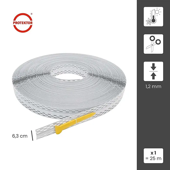 Protektor Montagezubehör für Trockenbau 25m Bewegungsfugenprofil Magic Corner Profil Weiß -  - Weißes perforiertes Putzband auf Rolle, 6,3 cm breit, 1,2 mm dick, 25 m lang.