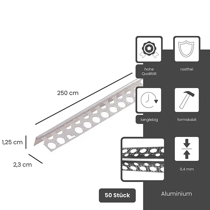 Protektor Montagezubehör für Trockenbau 50x Göppinger Profil 250cm Abschlussprofil Silber -  - Silbernes L-förmiges, perforiertes Aluminium-Eckprofil, 250 cm lang, mit Schenkeln von 1,25 cm und 2,3 cm und einer Stärke von 0,4 mm.
