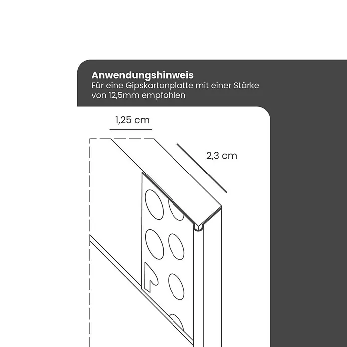 Protektor Montagezubehör für Trockenbau 50x Göppinger Profil 250cm Abschlussprofil Silber -  - Diagramm eines Montageprofils für 12,5mm Gipskartonplatten, mit Maßen von 1,25 cm und 2,3 cm.