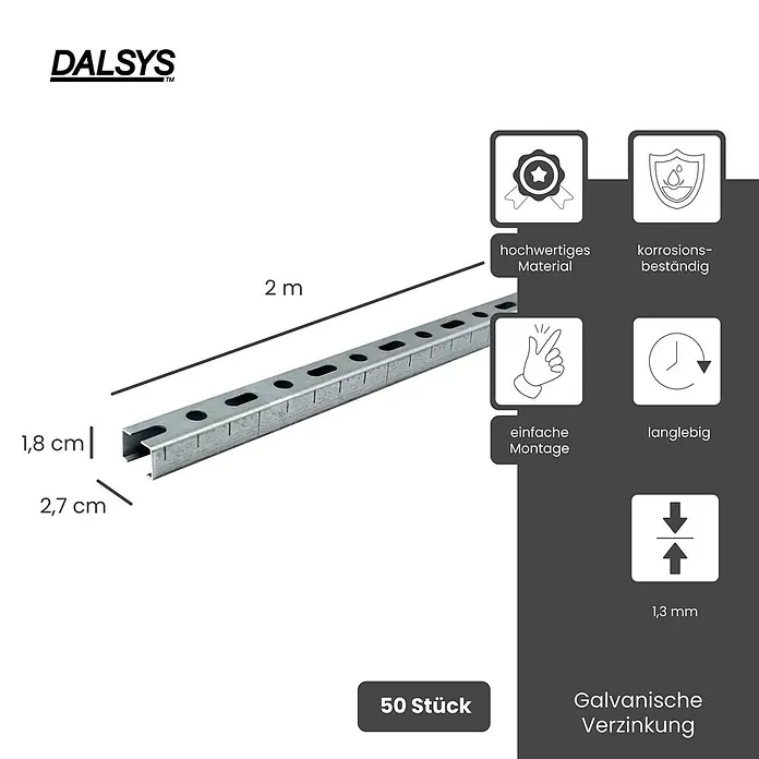 Dalsys Montagezubehör für Trockenbau 50x Montageschiene 27/18, 200cm Silber -  - DALSYS galvanisiertes Schlitzprofil, 2m lang, 1,8x2,7cm, 1,3mm stark. Korrosionsbeständig und langlebig, 50 Stück.