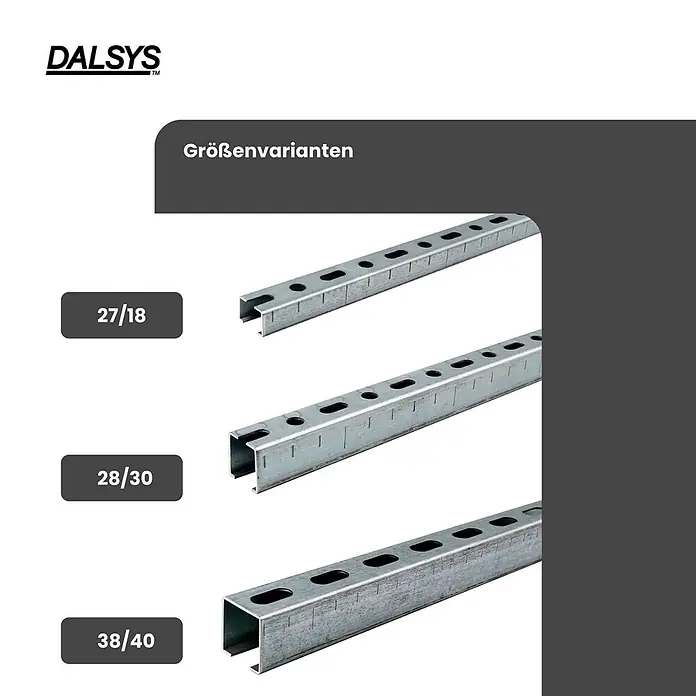 Dalsys Montagezubehör für Trockenbau 200cm Montageschiene 38/40 Silber -  - Drei verzinkte, gelochte Montageschienen in den Größen 27/18, 28/30 und 38/40.