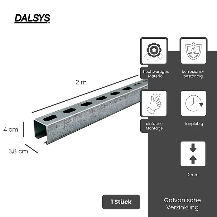 Dalsys Montagezubehör für Trockenbau 200cm Montageschiene 38/40 Silber -  - Verzinktes Metallprofil, 2m lang, 4x3,8 cm, mit Langlöchern für einfache Montage. Korrosionsbeständig.