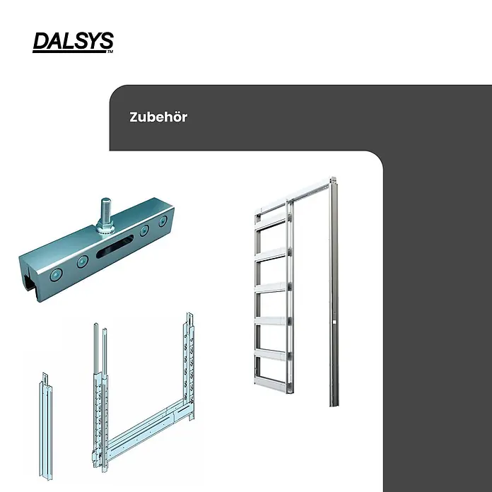 Dalsys Montagezubehör für Trockenbau Schiebetür CW 75 Verbindungselement Doppelschiebetür Silber -  - Verschiedenes Metallzubehör für Türsysteme, darunter ein Drehlager, Rahmenprofile und ein kompletter Schiebetürrahmen.
