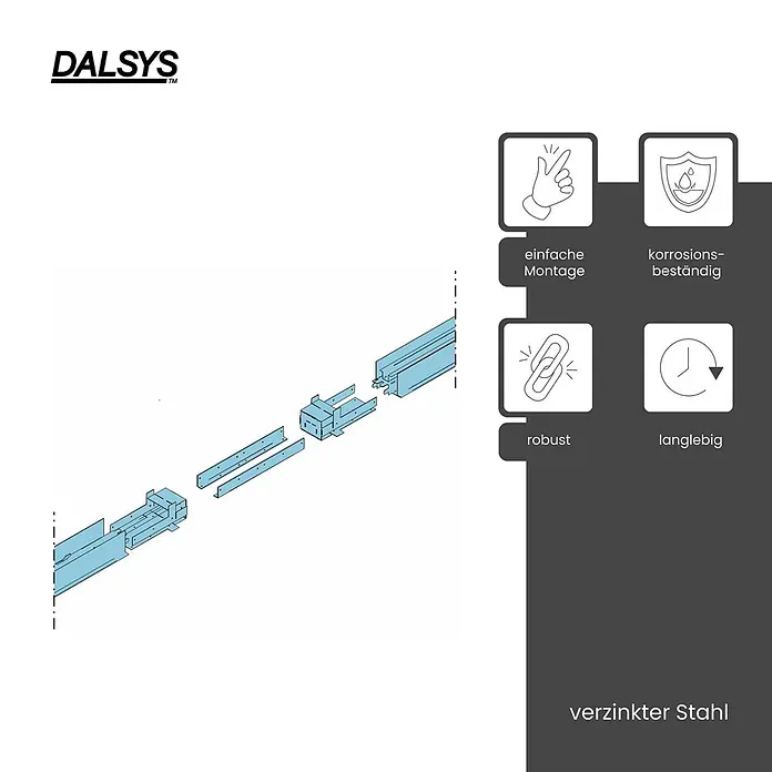 Dalsys Montagezubehör für Trockenbau Schiebetür CW 75 Verbindungselement Doppelschiebetür Silber -  - Explosionszeichnung von verzinkten Stahlkomponenten für ein robustes System mit einfacher Montage, Korrosionsbeständigkeit und Langlebigkeit.