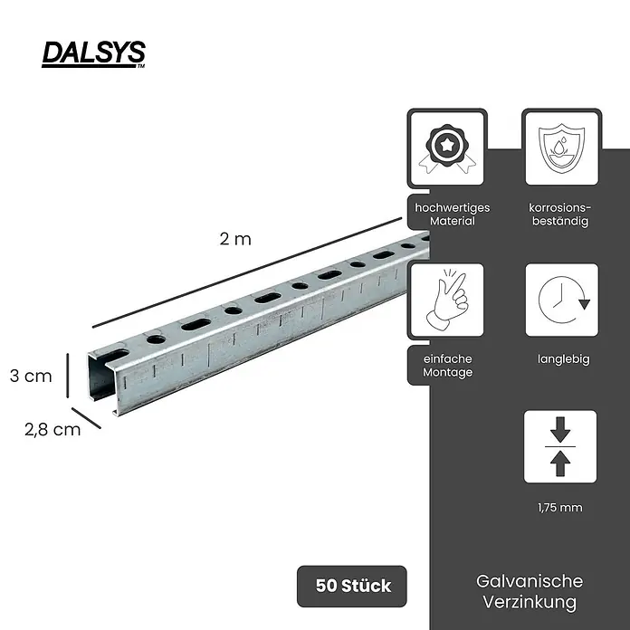 Dalsys Montagezubehör für Trockenbau 50x Montageschiene 28/30, 200cm Silber -  - Verzinkte C-Profil Montageschiene, 2m lang, 3x2.8cm, 1.75mm stark. Korrosionsbeständig und langlebig, 50 Stück.