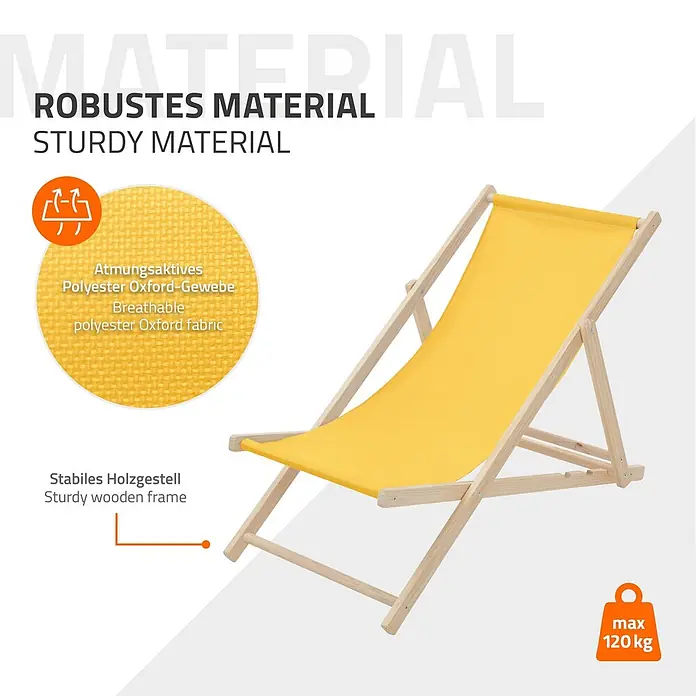 ECD Germany Garten-Liegestuhl 2er Set Sonnenliege Gelb Klappliegestuhl Relaxliege - 2 Stk., Holz, Polyester, Gelb, Braun - Gelber Liegestuhl mit atmungsaktivem Polyester-Oxford-Gewebe und stabilem Holzgestell, belastbar bis 120 kg.
