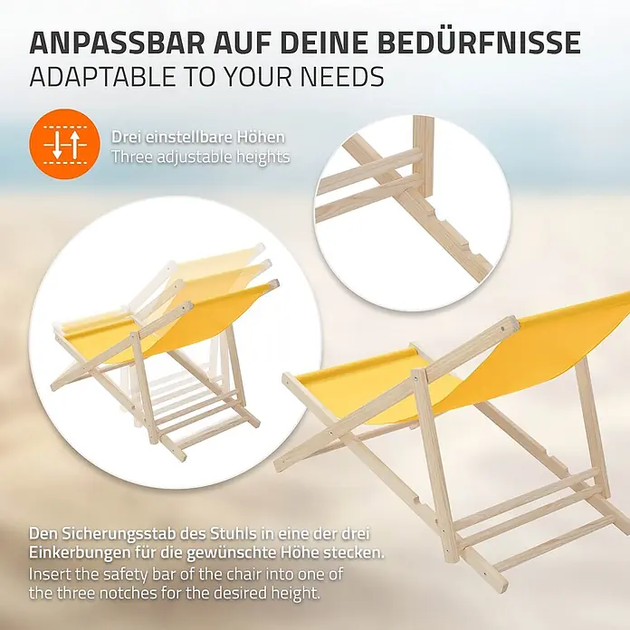 ECD Germany Garten-Liegestuhl 2er Set Sonnenliege Gelb Klappliegestuhl Relaxliege - 2 Stk., Holz, Polyester, Gelb, Braun - Gelber Holz-Liegestuhl mit verstellbarer Rückenlehne, der drei Höhenpositionen und den Sicherungsstab zeigt.