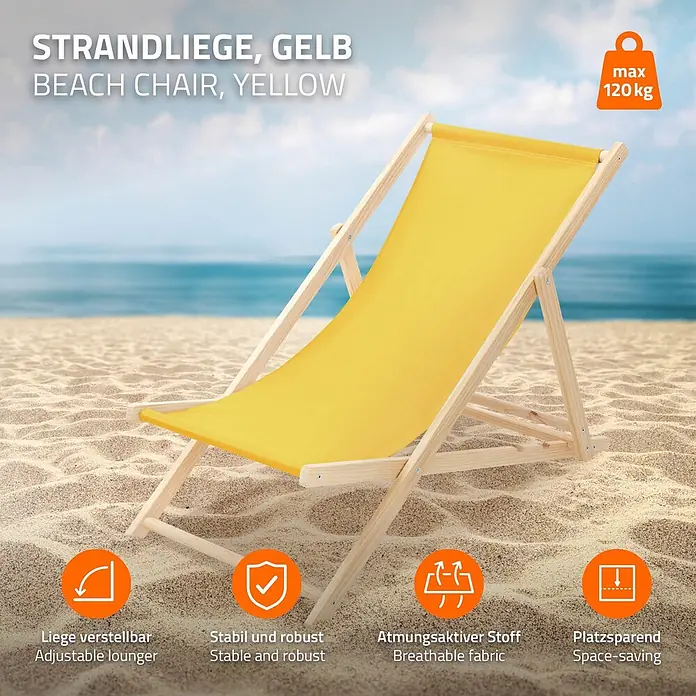 ECD Germany Garten-Liegestuhl 2er Set Sonnenliege Gelb Klappliegestuhl Relaxliege - 2 Stk., Holz, Polyester, Gelb, Braun - Gelbe Stoff-Strandliege mit Holzgestell am Sandstrand, verstellbar und stabil, trägt bis zu 120 kg.