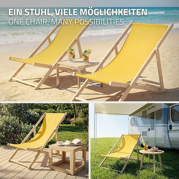 ECD Germany Garten-Liegestuhl 2er Set Sonnenliege Gelb Klappliegestuhl Relaxliege - 2 Stk., Holz, Polyester, Gelb, Braun - Vielseitiger gelber Liegestuhl mit Holzgestell, gezeigt am Strand, im Garten und beim Camping.