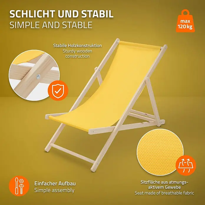 ECD Germany Garten-Liegestuhl 2er Set Sonnenliege Gelb Klappliegestuhl Relaxliege - 2 Stk., Holz, Polyester, Gelb, Braun - Gelber Liegestuhl mit stabilem Holzrahmen und atmungsaktivem Stoffsitz. Einfach zu montieren, trägt bis zu 120 kg.