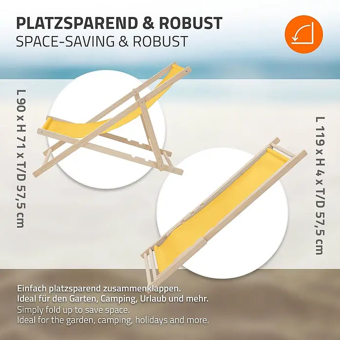 ECD Germany Garten-Liegestuhl 2er Set Sonnenliege Gelb Klappliegestuhl Relaxliege - 2 Stk., Holz, Polyester, Gelb, Braun - Gelber Liegestuhl mit Holzrahmen, geöffnet und platzsparend zusammengeklappt gezeigt.