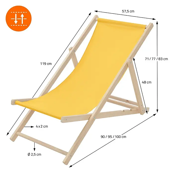ECD Germany Garten-Liegestuhl 2er Set Sonnenliege Gelb Klappliegestuhl Relaxliege - 2 Stk., Holz, Polyester, Gelb, Braun - Verstellbarer Liegestuhl aus gelbem Stoff mit Holzrahmen, detaillierte Maße werden angezeigt.