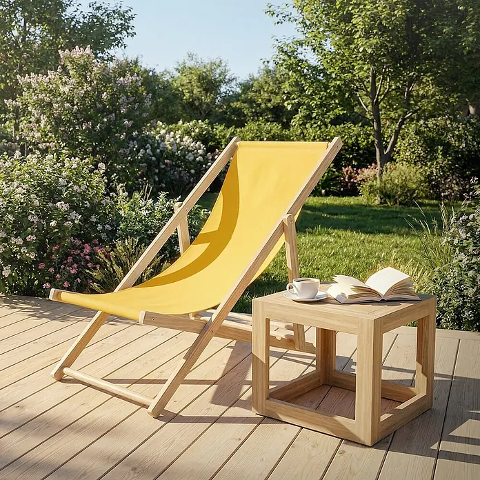 ECD Germany Garten-Liegestuhl 2er Set Sonnenliege Gelb Klappliegestuhl Relaxliege - 2 Stk., Holz, Polyester, Gelb, Braun - Liegestuhl aus gelbem Stoff und Holz mit Beistelltisch auf einer Holzterrasse im Garten, mit Buch und Kaffee.