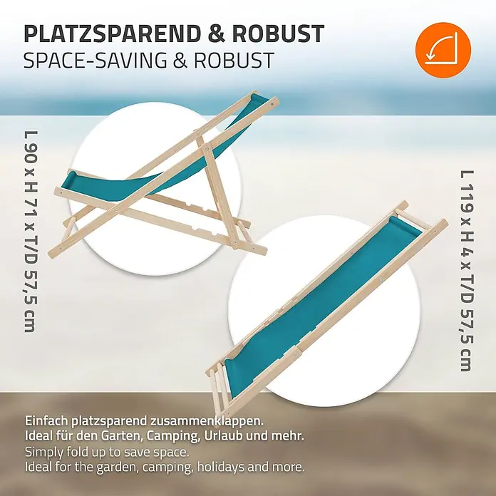 ECD Germany Garten-Liegestuhl 3er Set Sonnenliege Dunkelgrün Klappliegestuhl Relaxliege - Holz, Polyester, Petrol - Faltbarer Holzliegestuhl mit türkisfarbenem Stoff, offen und zusammengeklappt dargestellt, betont platzsparendes Design für den Außenbereich.