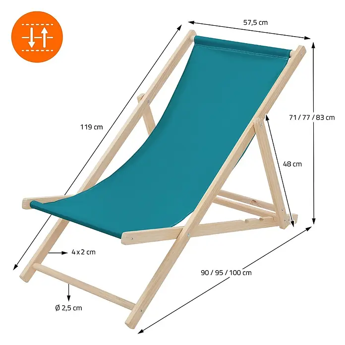 ECD Germany Garten-Liegestuhl 3er Set Sonnenliege Dunkelgrün Klappliegestuhl Relaxliege - Holz, Polyester, Petrol - Verstellbarer Liegestuhl in Türkis mit hellem Holzgestell, Maße sind abgebildet.