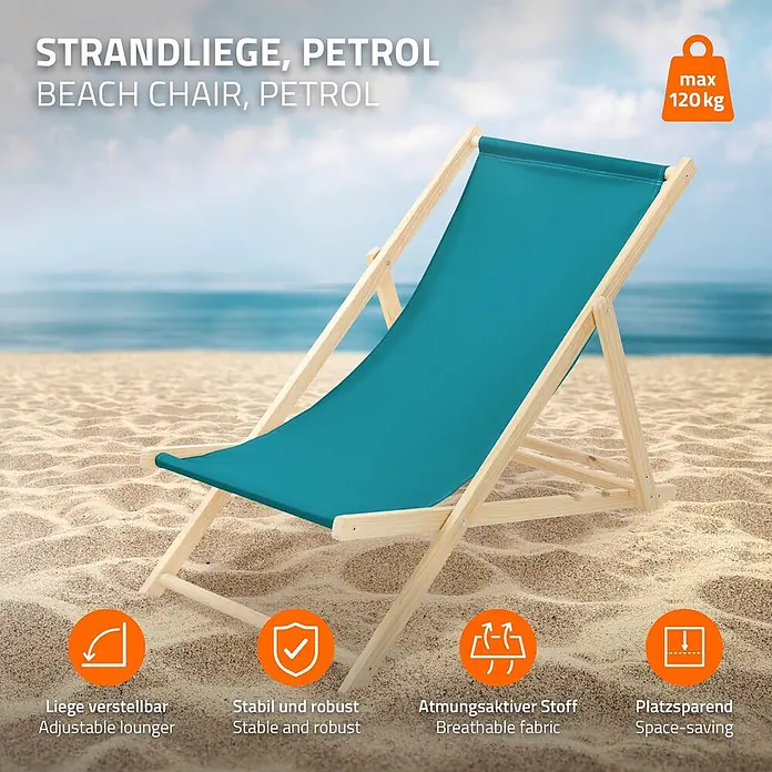 ECD Germany Garten-Liegestuhl 3er Set Sonnenliege Dunkelgrün Klappliegestuhl Relaxliege - Holz, Polyester, Petrol - Eine petrolfarbene Strandliege mit Holzgestell am Sandstrand.