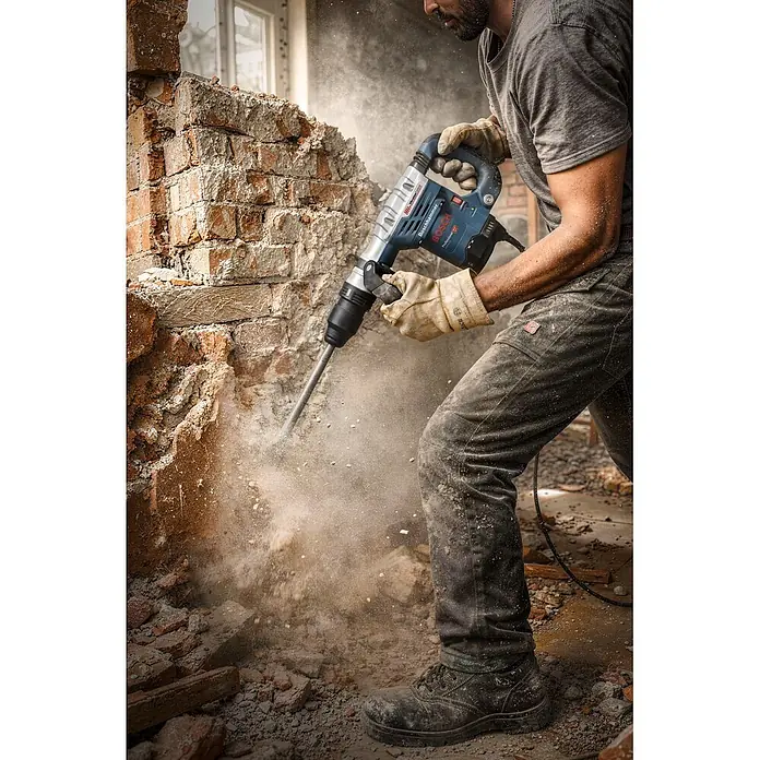 Bosch Professional Abbruchhammer GSH 5 - 1.100 W, 7,5 J, SDS-Max-Aufnahme - Person verwendet einen blau-silbernen Boschhammer zum Abbruch einer Ziegelwand, wodurch Staub entsteht.
