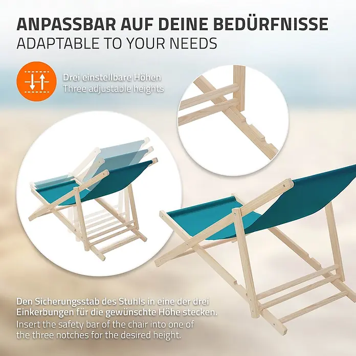 ECD Germany Garten-Liegestuhl 3er Set Sonnenliege Dunkelgrün Klappliegestuhl Relaxliege - Holz, Polyester, Petrol - Verstellbarer Holzliegestuhl mit türkisfarbenem Stoff und Sicherheitsstange für drei Höhenstufen.