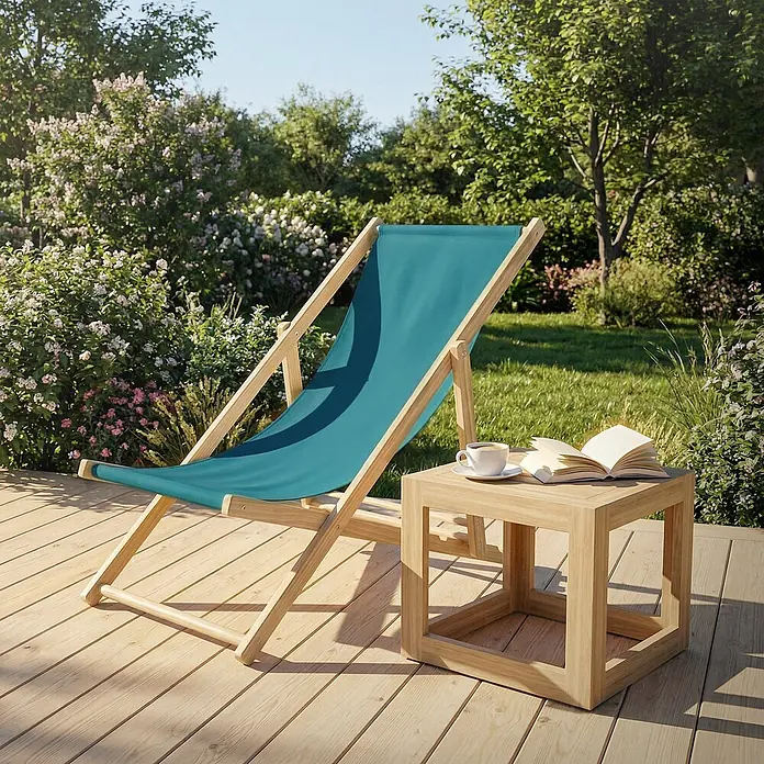 ECD Germany Garten-Liegestuhl 3er Set Sonnenliege Dunkelgrün Klappliegestuhl Relaxliege - Holz, Polyester, Petrol - Hölzerner Liegestuhl mit türkisfarbenem Stoffbezug und passender Beistelltisch auf einer Holzterrasse im Garten.