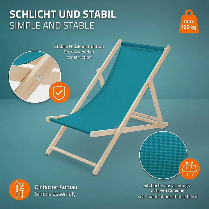 ECD Germany Garten-Liegestuhl 3er Set Sonnenliege Dunkelgrün Klappliegestuhl Relaxliege - Holz, Polyester, Petrol - Klappbarer Liegestuhl aus türkisfarbenem Stoff und Holz, mit stabiler Konstruktion und 120 kg Tragkraft.