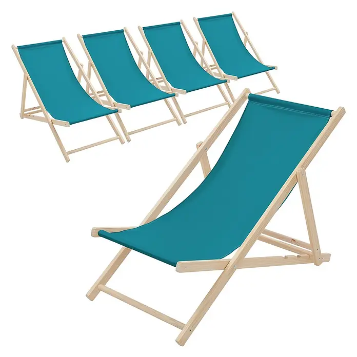 ECD Germany Garten-Liegestuhl 5er Set Sonnenliege Dunkelgrün Klappliegestuhl Relaxliege - 5 Stk., Holz, Polyester, Petrol - Set aus fünf Strandstühlen mit türkisfarbenem Stoff und hellem Holzrahmen.